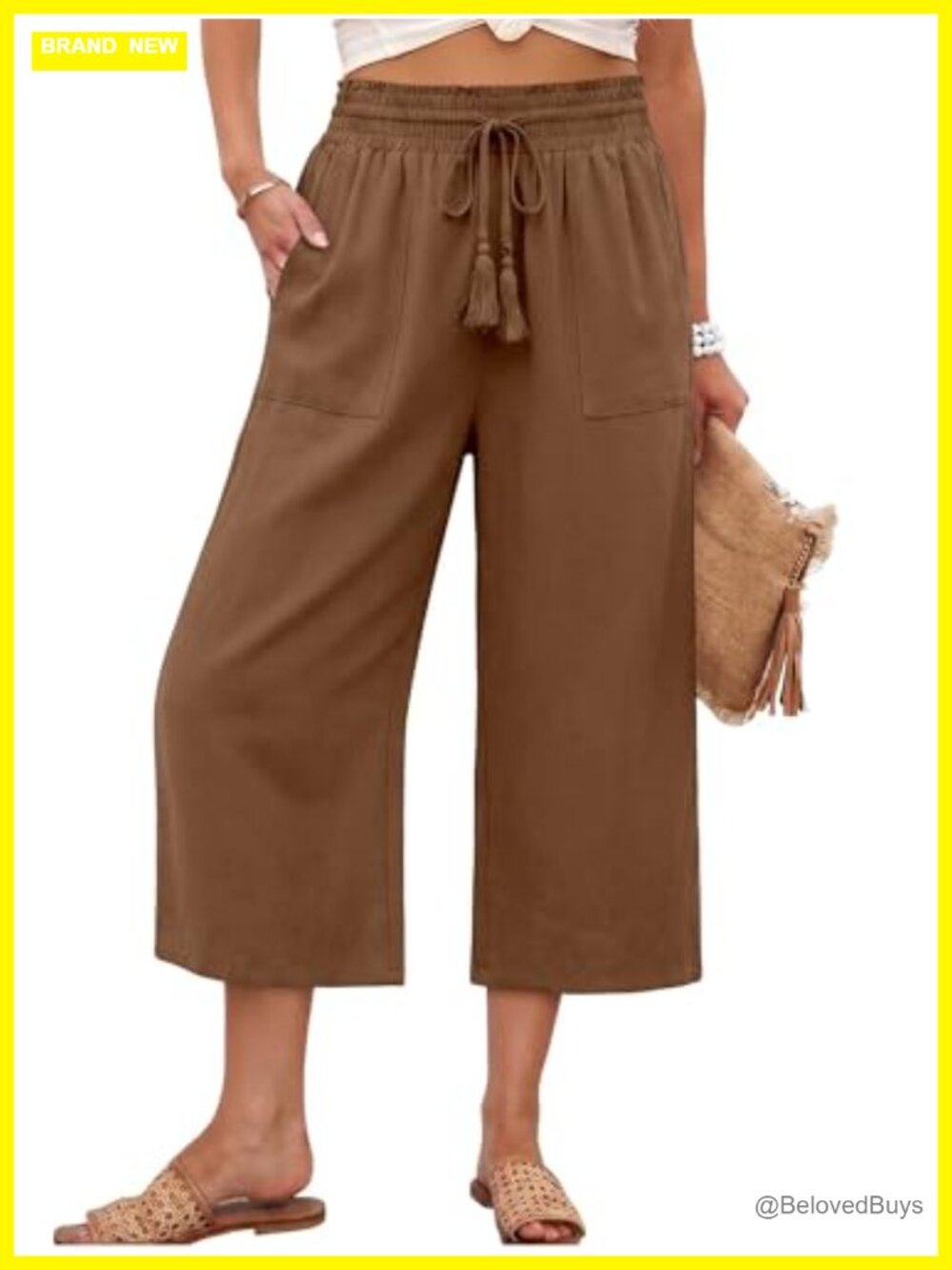 Women's Wide Leg Capri Pants High Waisted Drawstring Cropped Palazzo Trousers